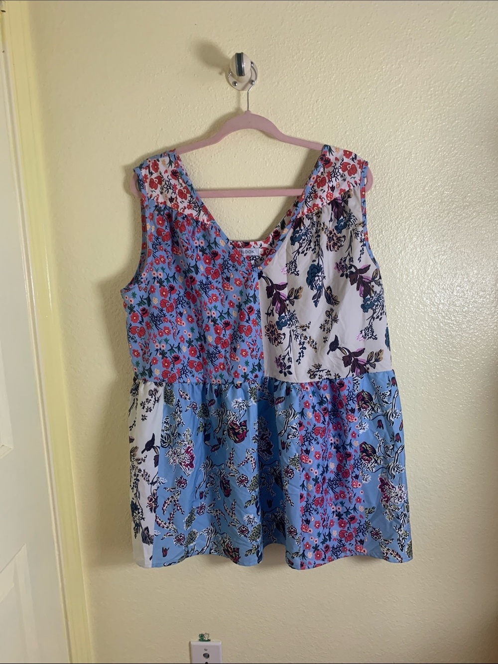 NWOT MISSLOOK Blue,White, & Red Floral Patchwork Peplum Blouse, Size XL